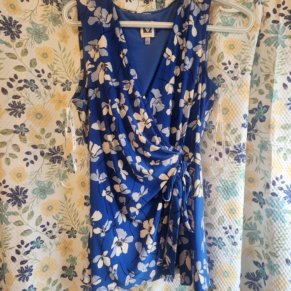 Anne Klein Blue Floral Wrap Blouse